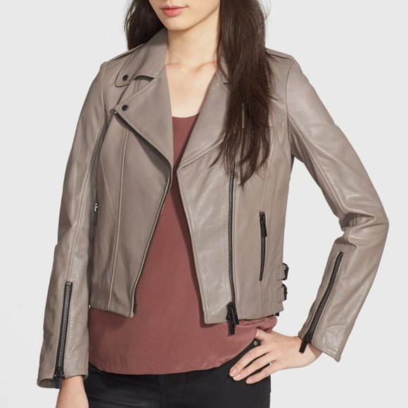 Lamarque Lambskin Leather Moto Jacket in Stone NEW